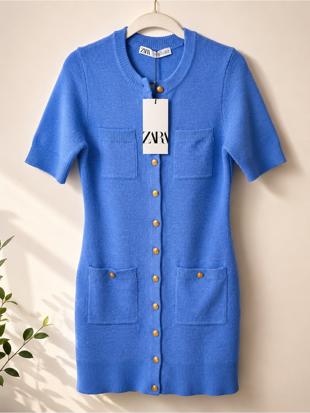Zara Knit Mini Dress Blue Gold Button Short Sleeve Pocket Dress Size M NWT